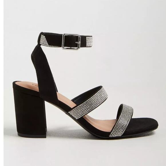 Torrid 11WW Sexy Embellished Black Faux Suede Ankle Strap Open Toe 3" Heels New - Picture 4 of 5